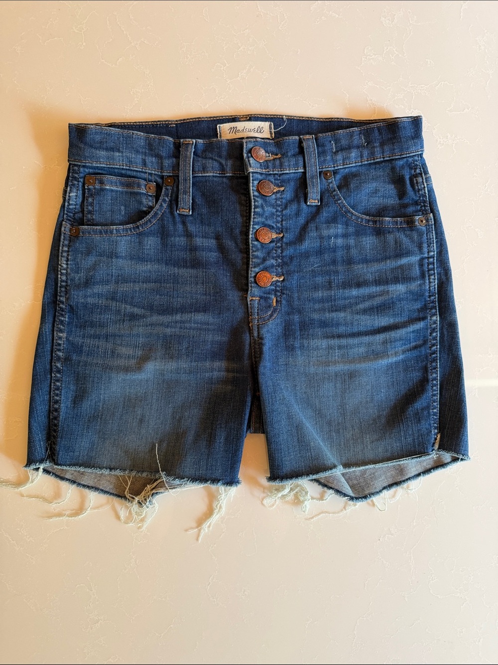 Madewell Cutoff Blue Denim Shorts — 10” High Rise Button Front